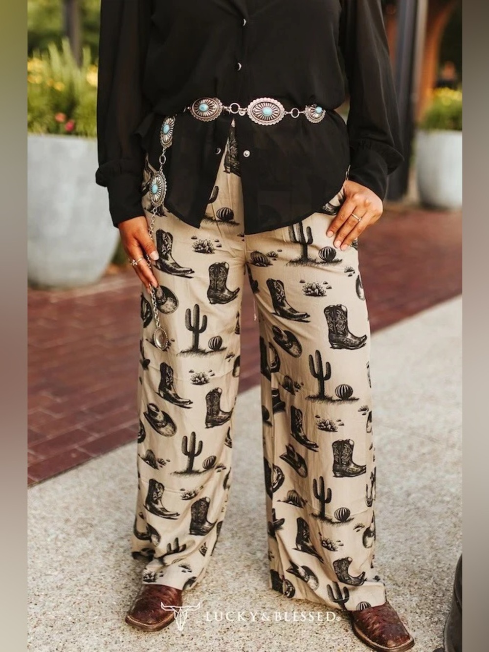 Lucky & Blessed PLUS Khaki Vintage Western Printed Wide Leg Pants - Picture 1 of 2